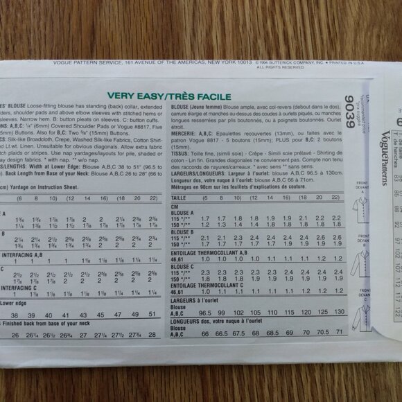 Vintage Vogue Blouse Shirt Sewing Pattern 6-10 UNCUT 9039 90s - Picture 9 of 14